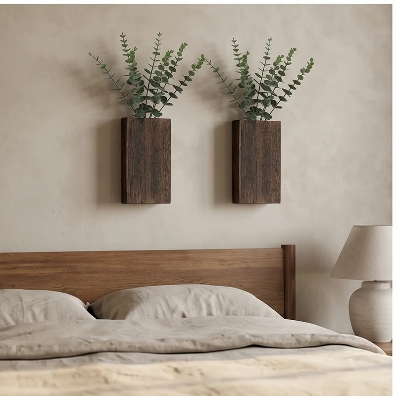 2 pcs coffee Wood Wall Planter for Greenery and Dried Flowers, Indoor Wood Hanging Vase, Modern Farmhouse Wall Decor for Living Room Bedroom lifestyle photo - 3