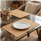 Light yellow Dual-Sided PU Canvas Texture Placemat,Waterproof Heatproof 43x30cm Non-Slip Dining Table Mat,Washable for Home and Hotel Use lifestyle photo - 3