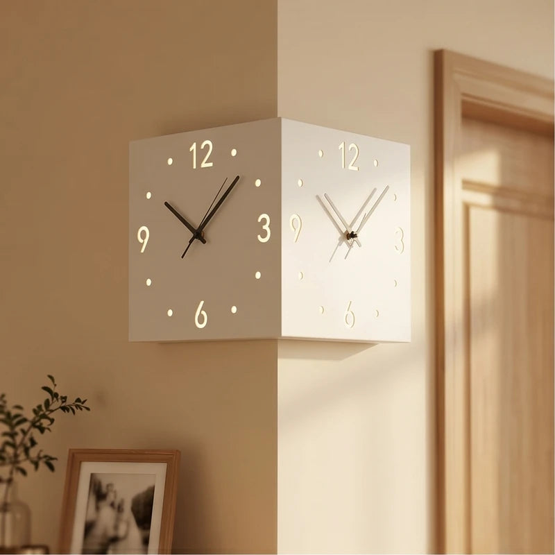 White Double-Sided Corner Wall Clock lifestyle photo