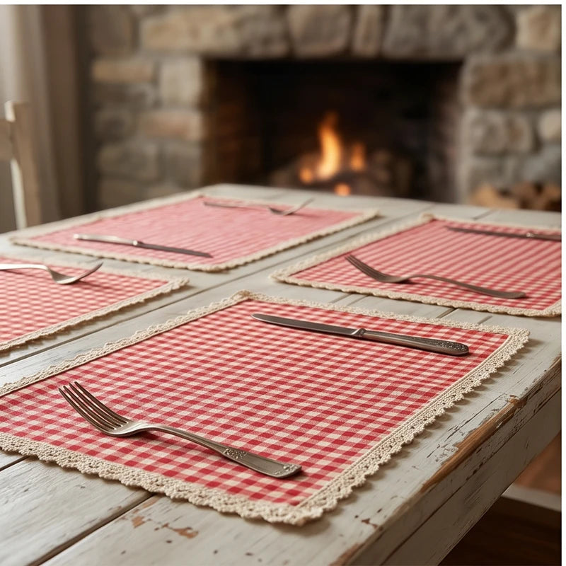 Red BUYNOW 4PCS Gingham Lace Trim Placemats Set Dining Vintage Style Table Mats Coasters for Modern Kitchen Durable Restaurant Decor lifestyle photo - 2