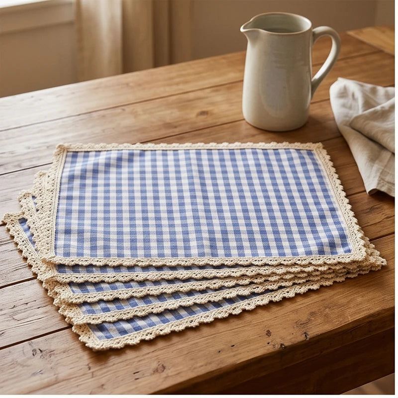 Blue BUYNOW 4PCS Gingham Lace Trim Placemats Set Dining Vintage Style Table Mats Coasters for Modern Kitchen Durable Restaurant Decor lifestyle photo
