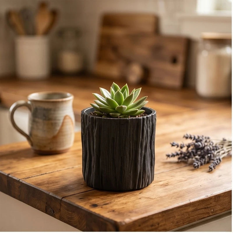 Black  11CM tall Green Plant Small Flower POTS, Mini Flower POTS Imitating Tree Bark, Exquisite Household Flower POTS lifestyle photo