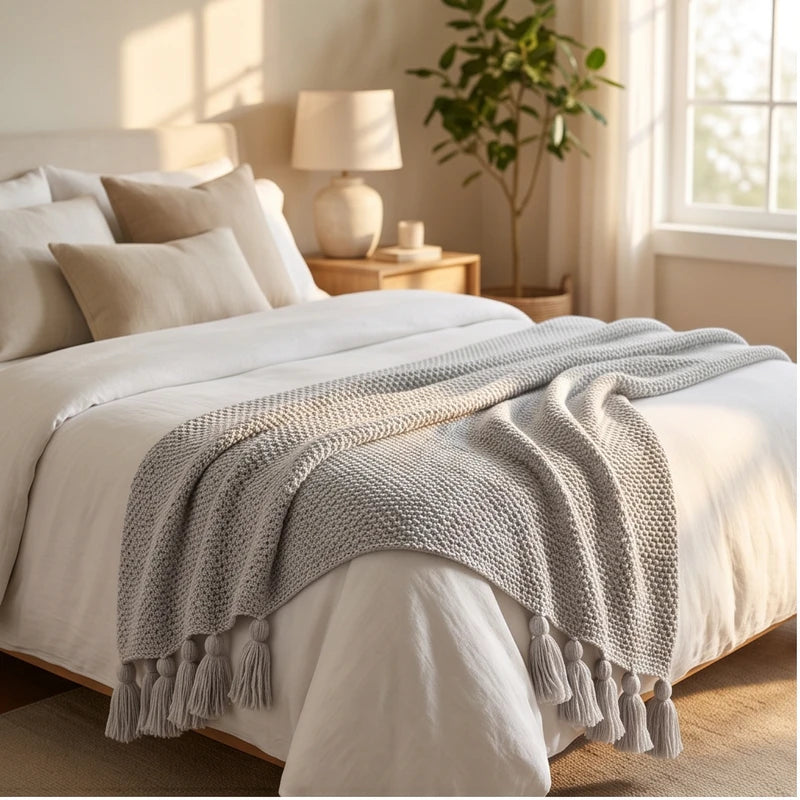 Gray Ashlar Knitted Throw Blanket with Tassels lifestyle photo