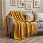 Yellow Ashlar Knitted Throw Blanket with Tassels lifestyle photo - 3