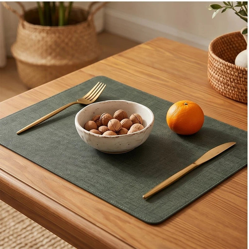 Green Dual-Sided PU Canvas Texture Placemat,Waterproof Heatproof 43x30cm Non-Slip Dining Table Mat,Washable for Home and Hotel Use lifestyle photo - 2