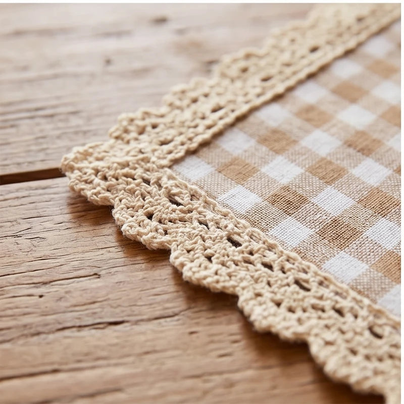 Beige BUYNOW 4PCS Gingham Lace Trim Placemats Set Dining Vintage Style Table Mats Coasters for Modern Kitchen Durable Restaurant Decor lifestyle photo - 3