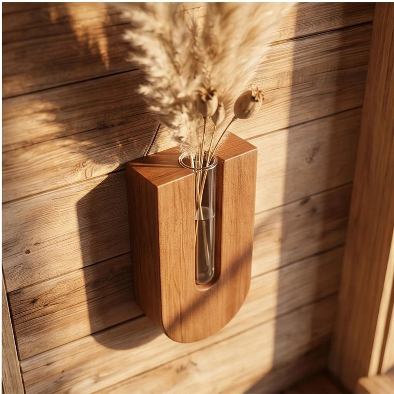Brown Wooden Flower Planters Bohemia Style Hanging Flower Tube Vase with Wood Stand Hydroponic Plant Rack lifestyle photo - 3