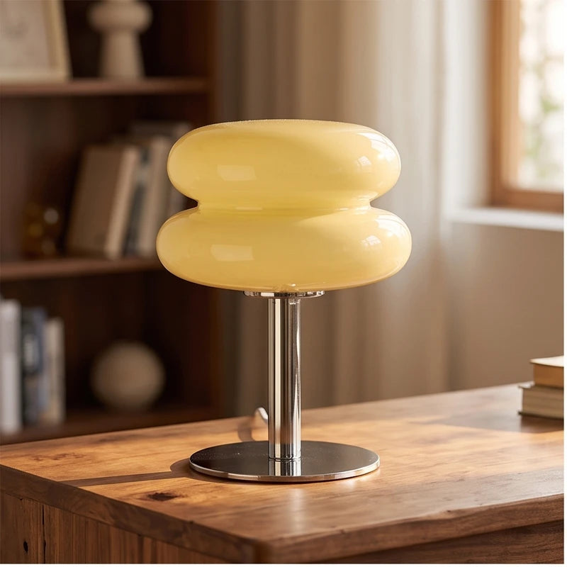 Beige lamp styled in a warm home setting