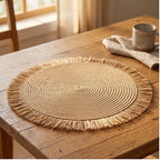 Brown1PC Woven Placemats Woven Tassel Placemat for Kitchen Dining Heat Resistant Braided Round Table Mats with Non-slip Minimalist Style lifestyle photo