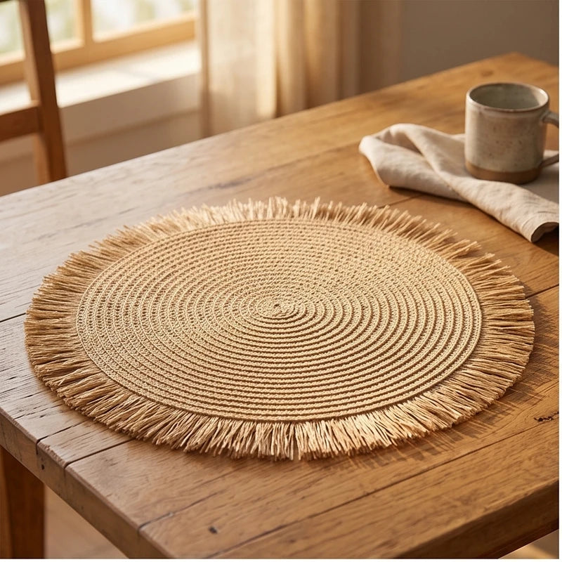Brown1PC Woven Placemats Woven Tassel Placemat for Kitchen Dining Heat Resistant Braided Round Table Mats with Non-slip Minimalist Style lifestyle photo