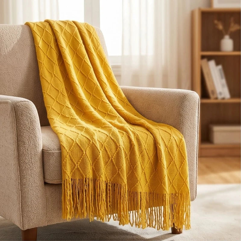 Yellow Ridley Knitted Throw Blanket with Tassels lifestyle photo