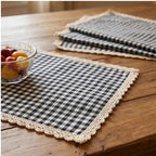 Black BUYNOW 4PCS Gingham Lace Trim Placemats Set Dining Vintage Style Table Mats Coasters for Modern Kitchen Durable Restaurant Decor lifestyle photo - 3