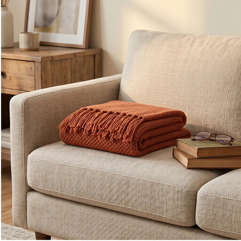 Brown Ashlar Knitted Throw Blanket with Tassels lifestyle photo - 2