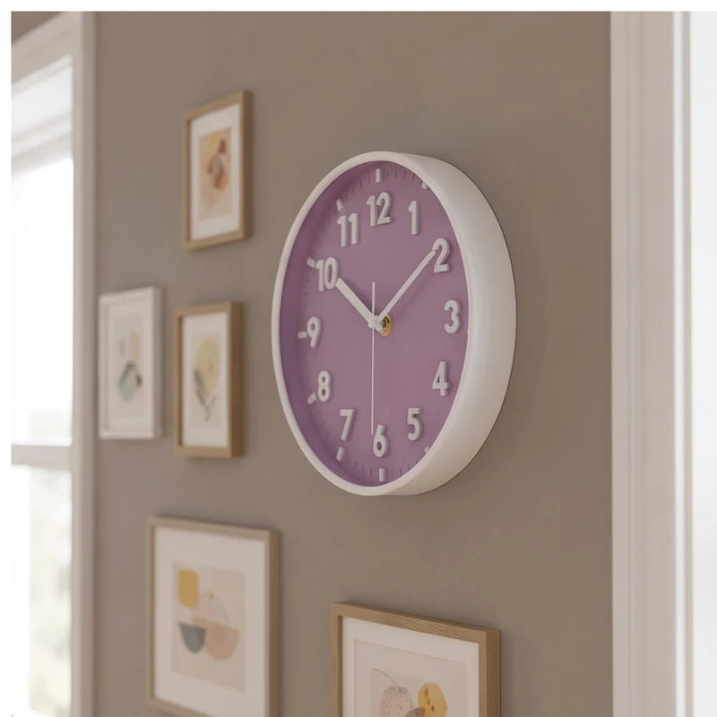 Purple clock styled in a warm home setting - 2