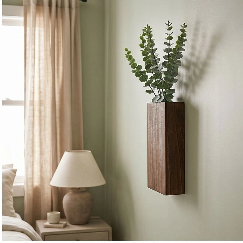 1 pcs coffee Wood Wall Planter for Greenery and Dried Flowers, Indoor Wood Hanging Vase, Modern Farmhouse Wall Decor for Living Room Bedroom lifestyle photo - 2
