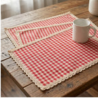 Red BUYNOW 4PCS Gingham Lace Trim Placemats Set Dining Vintage Style Table Mats Coasters for Modern Kitchen Durable Restaurant Decor lifestyle photo