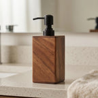 Vintage Wooden Soap Dispenser Black Pump, Solid Wood Frame, Refillable Liquid Soap Dispenser, Bathroom Kitchen Countertop Holder wooden frame styled in a warm home setting - 2