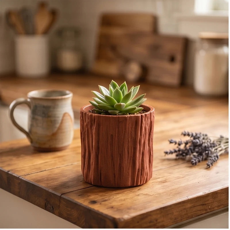 Brown 7CM tall Green Plant Small Flower POTS, Mini Flower POTS Imitating Tree Bark, Exquisite Household Flower POTS lifestyle photo