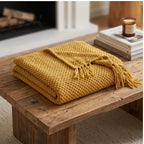 Yellow Ashlar Knitted Throw Blanket with Tassels lifestyle photo - 2