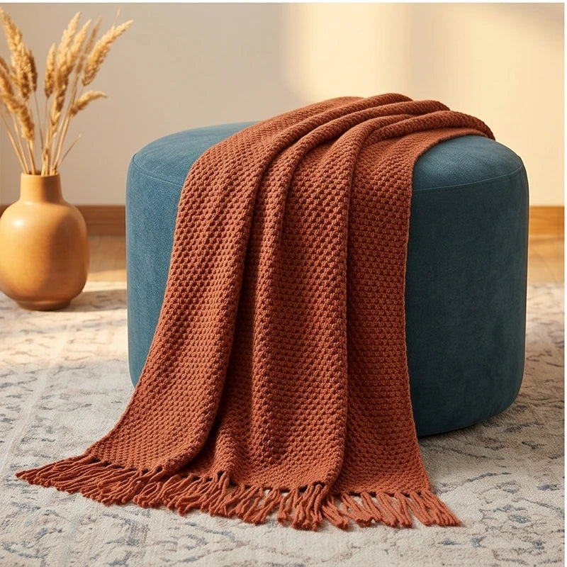 Brown Ashlar Knitted Throw Blanket with Tassels lifestyle photo - 3