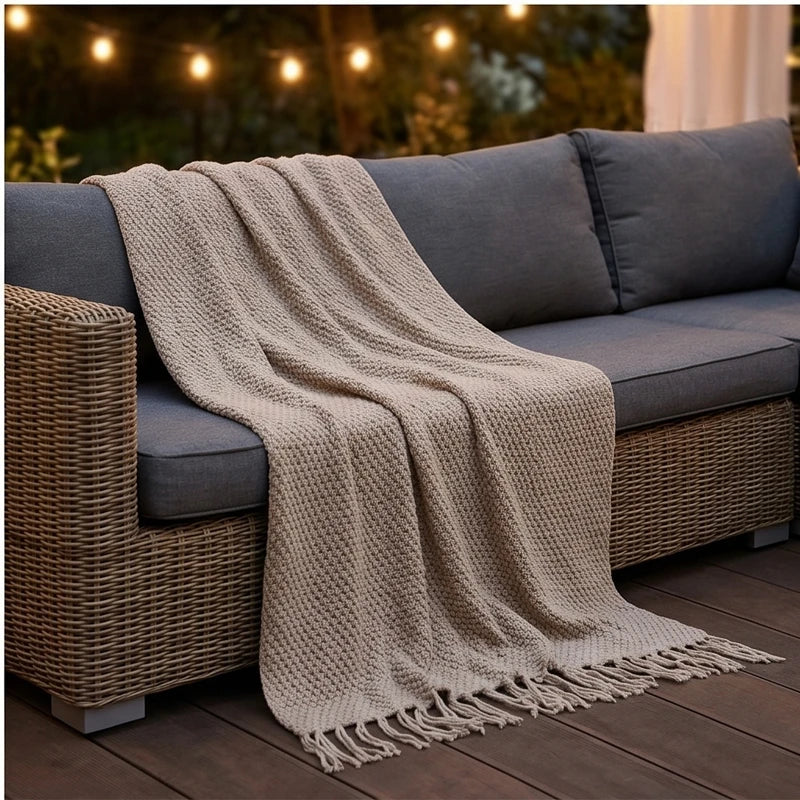 Khaki Ashlar Knitted Throw Blanket with Tassels lifestyle photo - 4