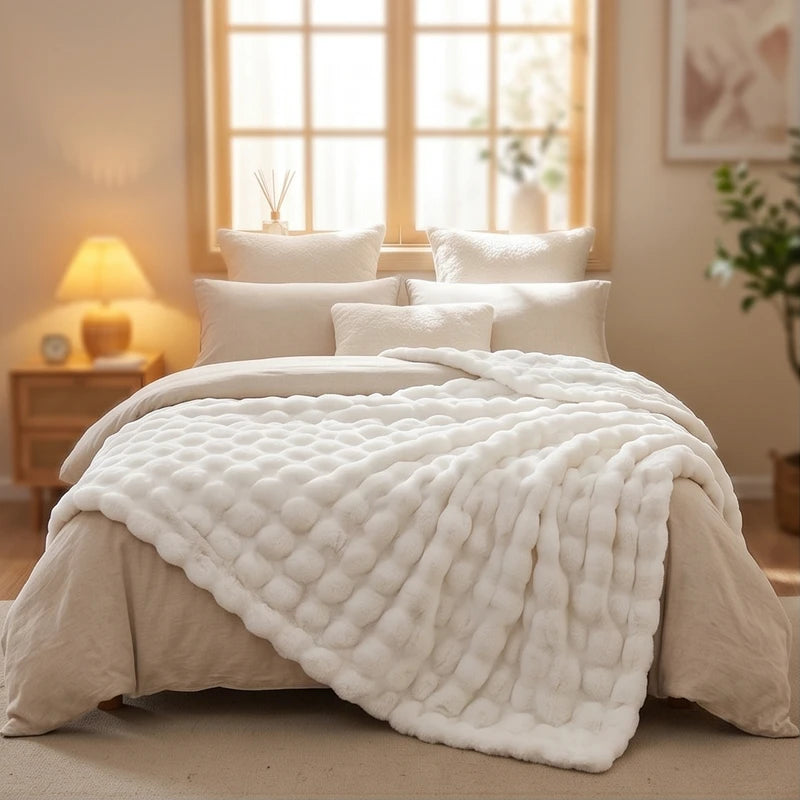 White Plush Textured Throw Blanket lifestyle photo