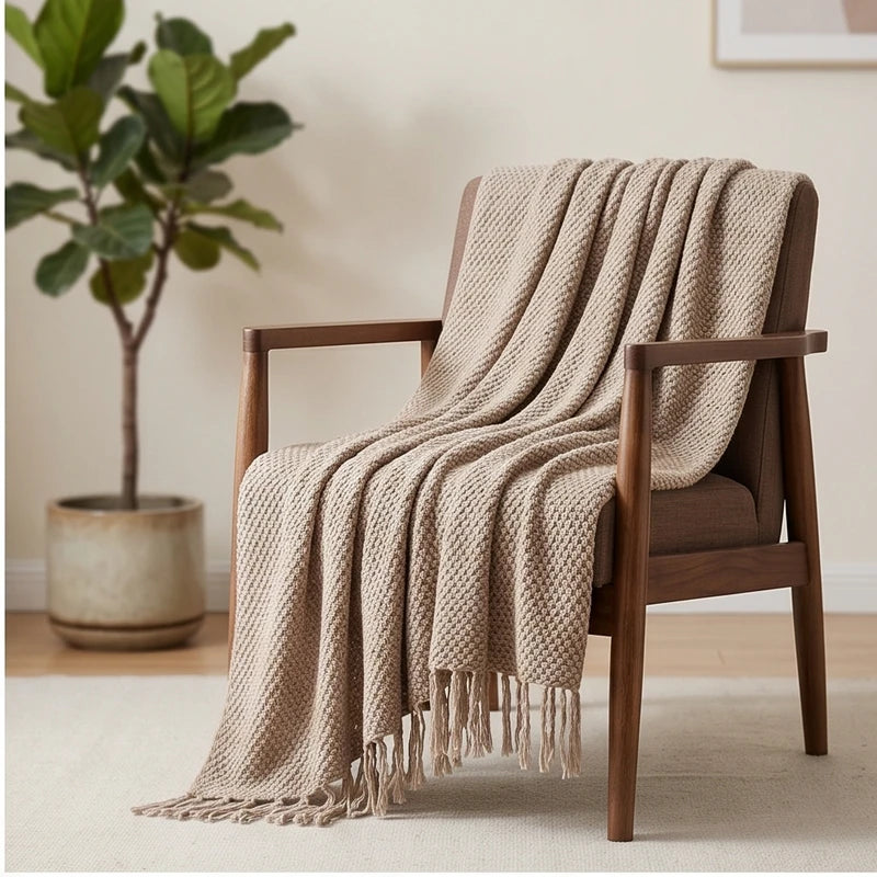 Khaki Ashlar Knitted Throw Blanket with Tassels lifestyle photo - 2