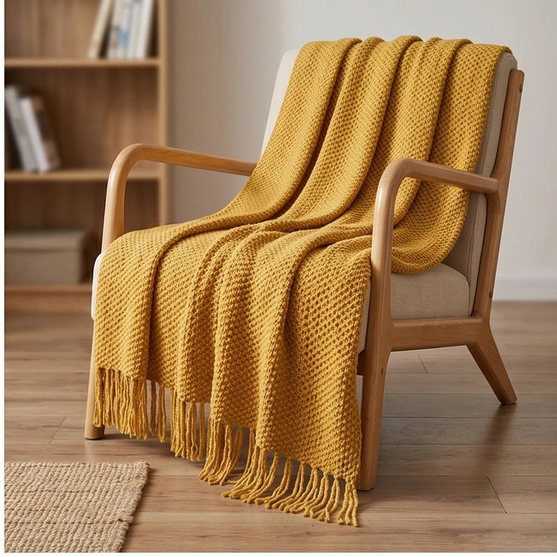 Yellow Ashlar Knitted Throw Blanket with Tassels lifestyle photo