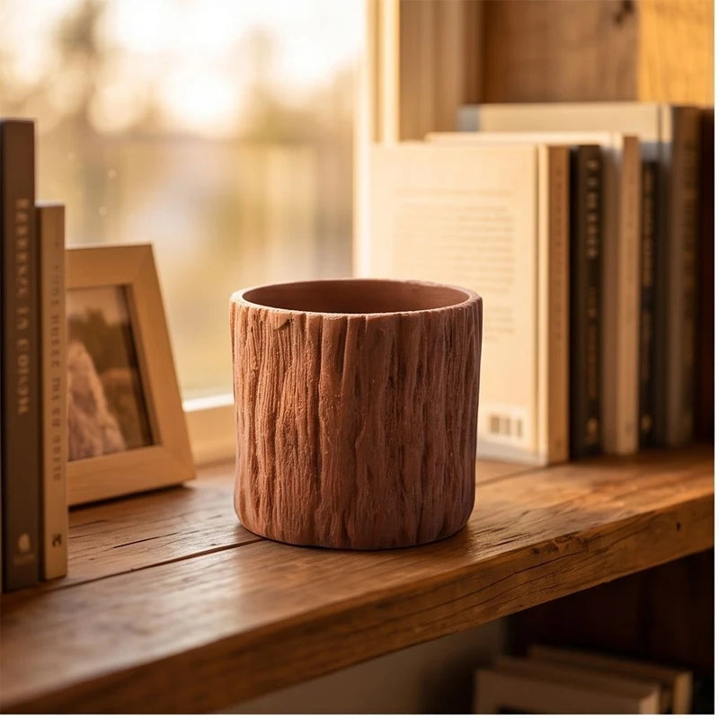 Brown  11CM tall Green Plant Small Flower POTS, Mini Flower POTS Imitating Tree Bark, Exquisite Household Flower POTS lifestyle photo