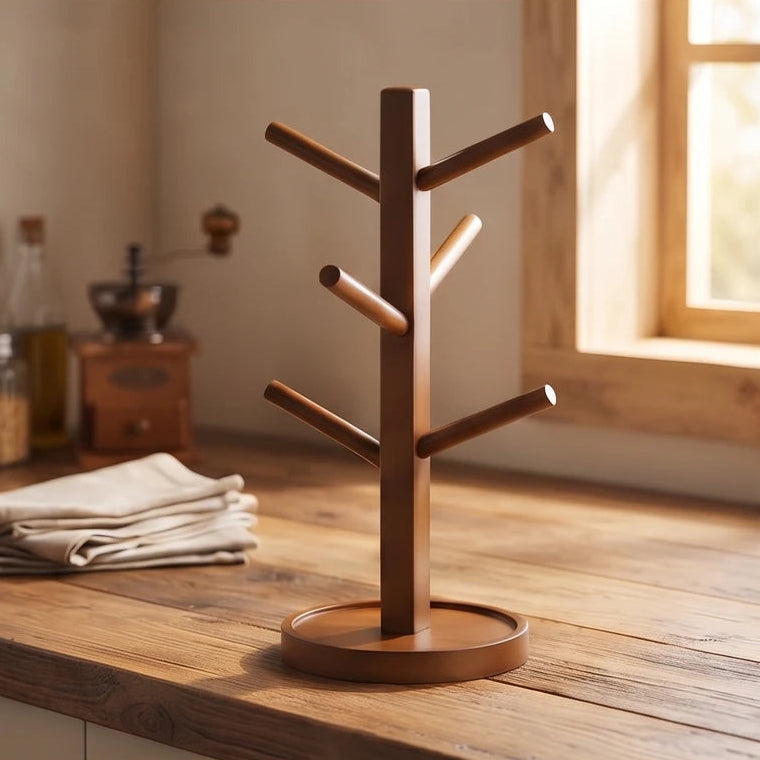 Wood 4 Hooks bamboo holder styled in a warm home setting
