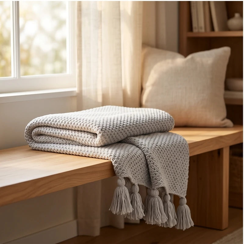 Gray Ashlar Knitted Throw Blanket with Tassels lifestyle photo - 3
