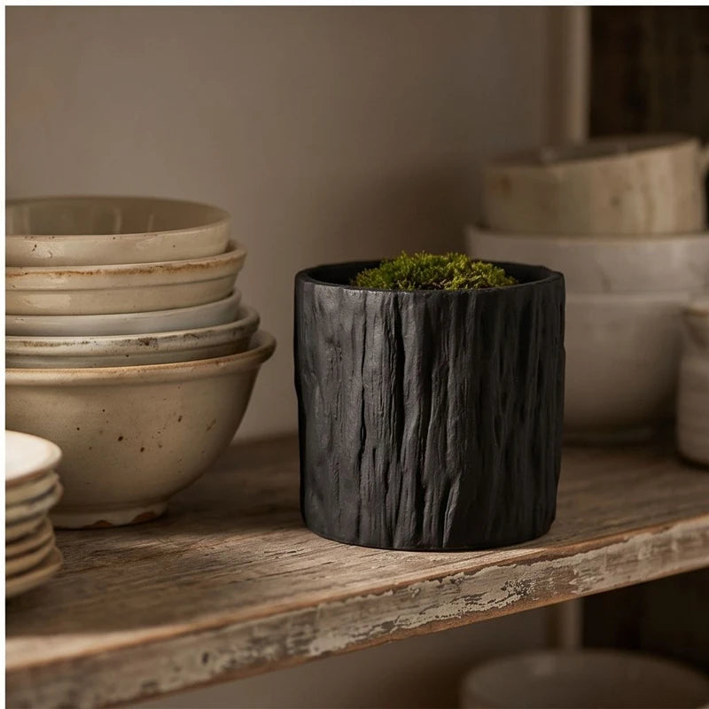 Black 7CM tall Green Plant Small Flower POTS, Mini Flower POTS Imitating Tree Bark, Exquisite Household Flower POTS lifestyle photo - 3