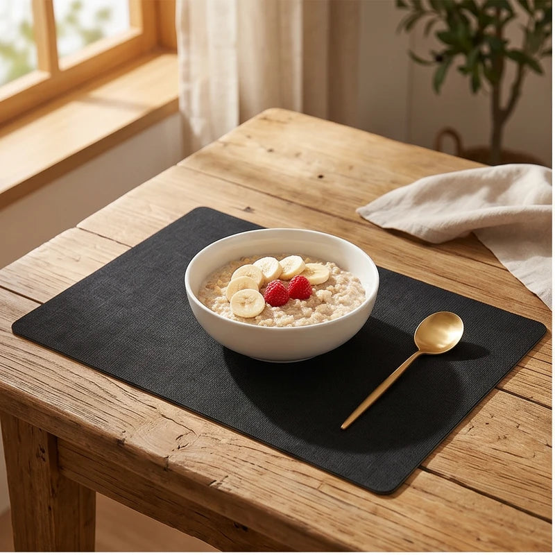 Black Dual-Sided PU Canvas Texture Placemat,Waterproof Heatproof 43x30cm Non-Slip Dining Table Mat,Washable for Home and Hotel Use lifestyle photo