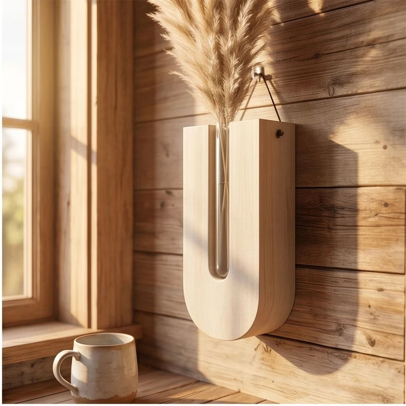 Beige Wooden Flower Planters Bohemia Style Hanging Flower Tube Vase with Wood Stand Hydroponic Plant Rack lifestyle photo - 2