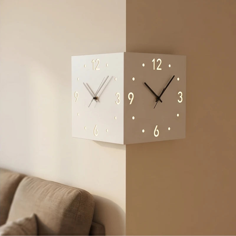 White Double-Sided Corner Wall Clock lifestyle photo - 2