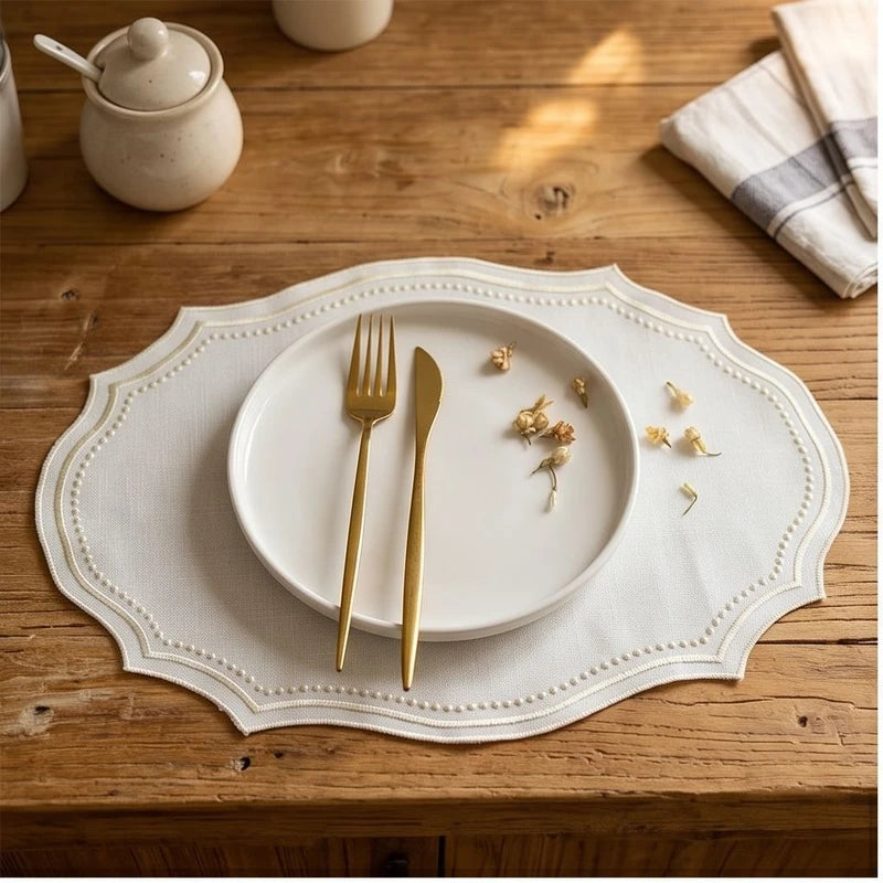 Beige Vintage Embroidered Fabric Placemat Imitation Cotton Linen Decorative Table Mat Napkins Washable French Lace Table Place Mat lifestyle photo