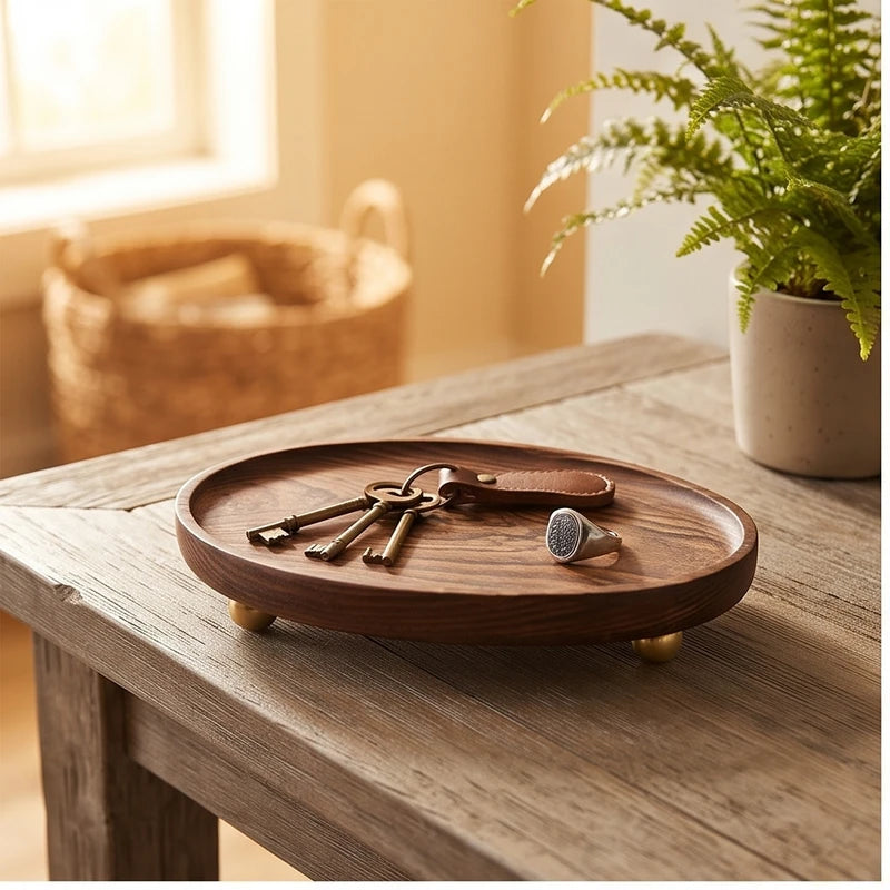 brass ball B wooden tray styled in a warm home setting