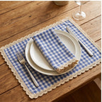 Blue BUYNOW 4PCS Gingham Lace Trim Placemats Set Dining Vintage Style Table Mats Coasters for Modern Kitchen Durable Restaurant Decor lifestyle photo - 2