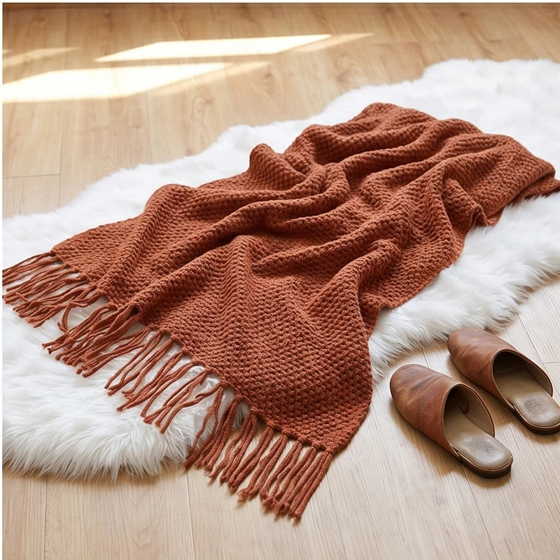 Brown Ashlar Knitted Throw Blanket with Tassels lifestyle photo - 4