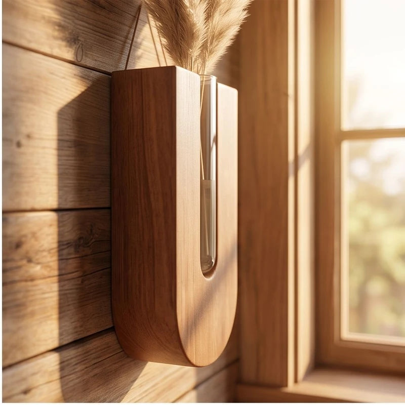 Brown Wooden Flower Planters Bohemia Style Hanging Flower Tube Vase with Wood Stand Hydroponic Plant Rack lifestyle photo