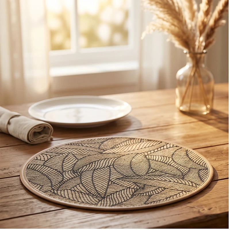 black 3 2/4/6/8pcs Bohemian Jute Printed Placemats with Faux Leather Edges, Heat Insulation Mats, Decorative Mats lifestyle photo