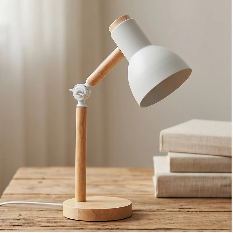 White Creative Nordic Table Lamp Wooden Art LED Turn Head Simple Bedside Desk Light/Eye Protection Reading&Bedroom Study Lamp lifestyle photo