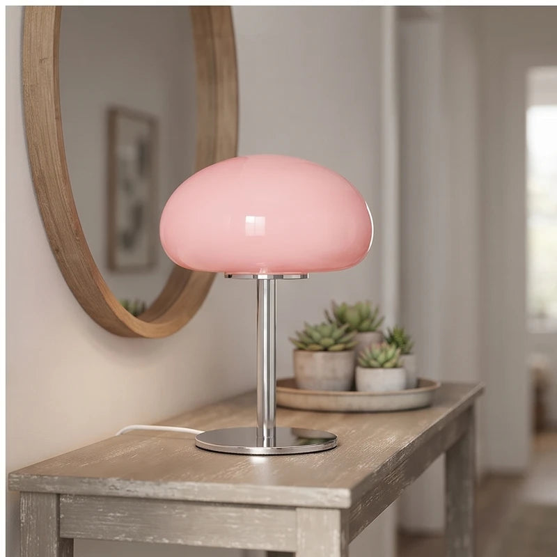 Pink glass lamp styled in a warm home setting - 4