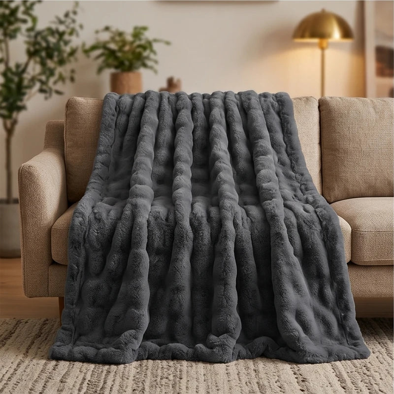 Black Plush Textured Throw Blanket lifestyle photo - 2