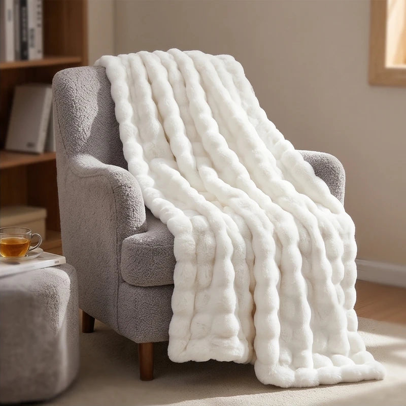 White Plush Textured Throw Blanket lifestyle photo - 2