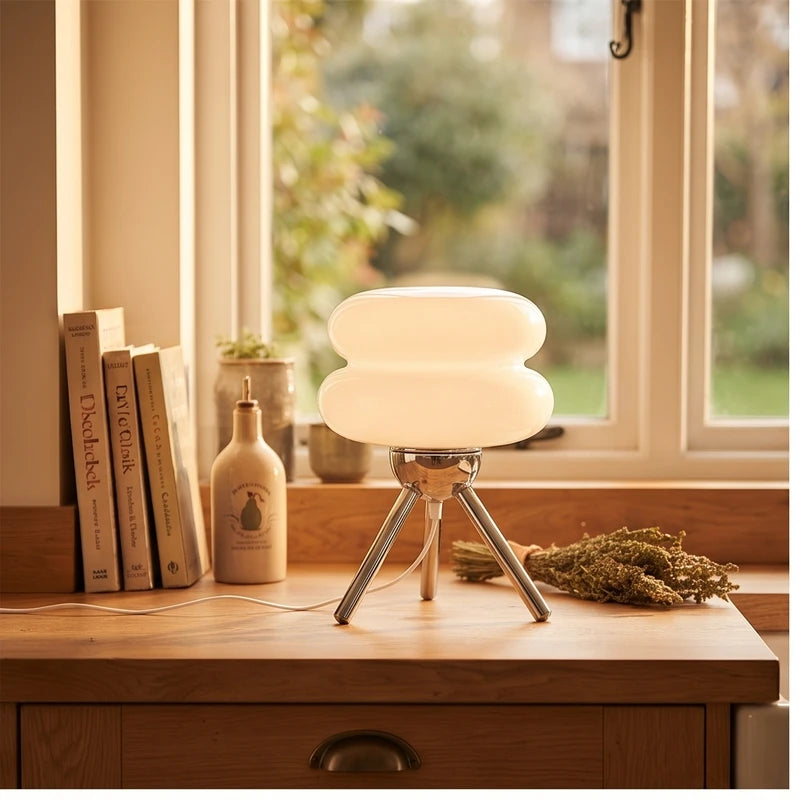 White lamp styled in a warm home setting