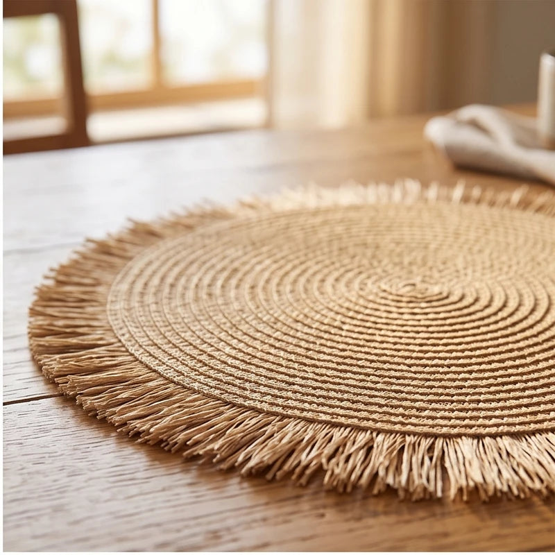 Brown1PC Woven Placemats Woven Tassel Placemat for Kitchen Dining Heat Resistant Braided Round Table Mats with Non-slip Minimalist Style lifestyle photo - 2