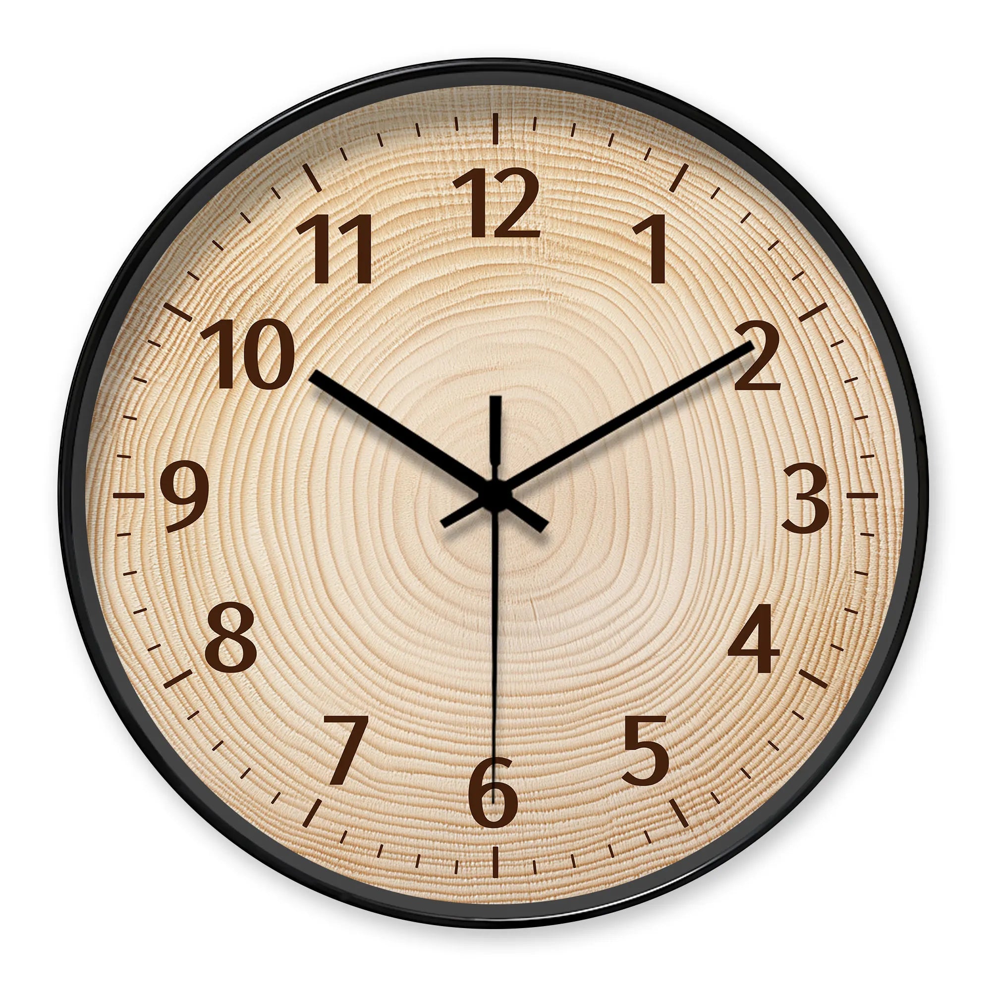 Black wood-grain wall clock with a natural finish