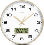 Gold framed round clock with white face, black numbers, and digital calendar/temp display.