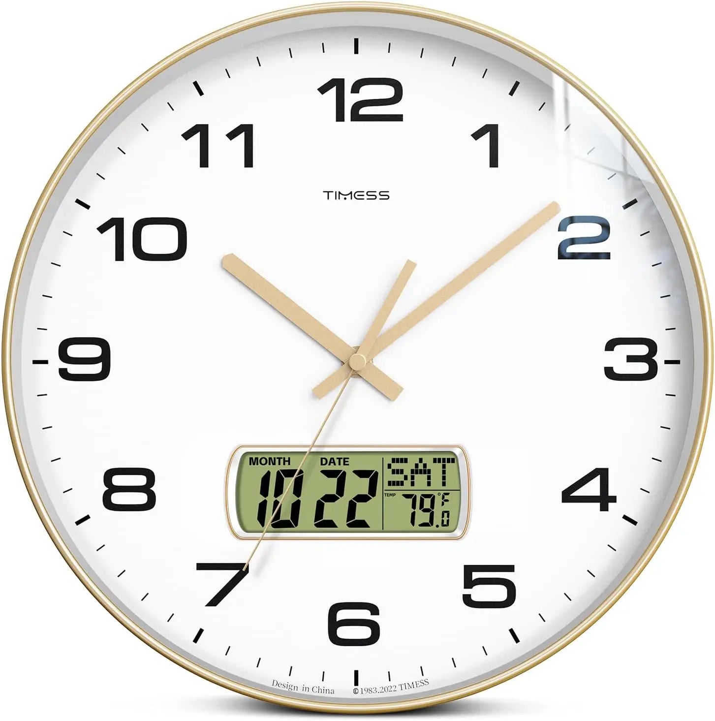 Gold framed round clock with white face, black numbers, and digital calendar/temp display.